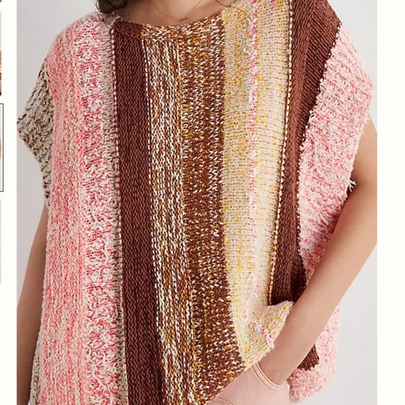 Anthropologie XL NWT Knit Striped Poncho Sweater Top Tunic Pullover Pink Brown - Picture 4 of 7